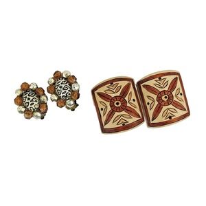 Vintage Western‎ Germany Beaded & Hand Painted Wood Clip On Earring Set 2 Pairs